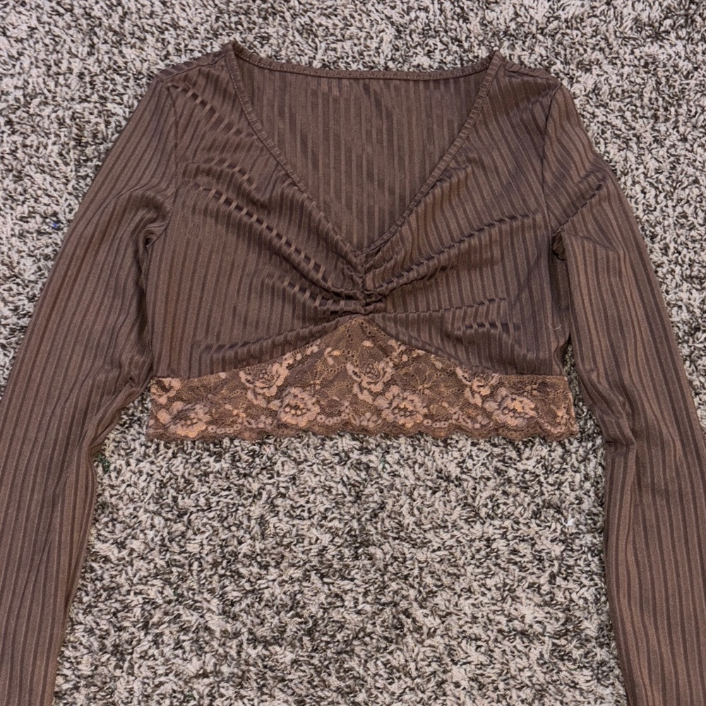 Brown Lace Trim V-Neck Women's Top